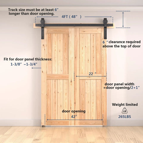 48 Inch Bifold Barn Door Hardware Kit For Two Doors In Black Finish With Corrosion Resistant Carbon Steel Construction shown installed
