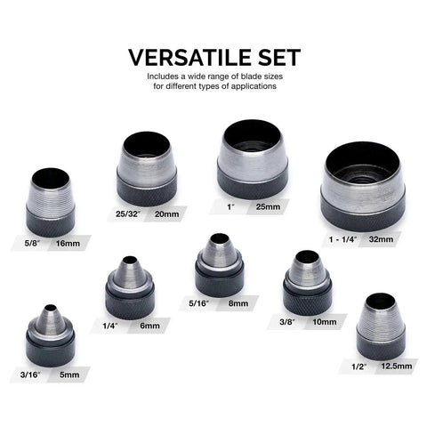 Interchangeable Large Hollow Hole Punch Tool Set, 10 Piece for Gasket Making and Leather Punching with various blade sizes displayed