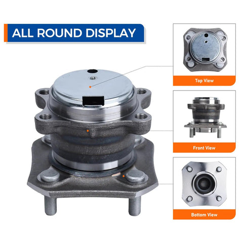 Front, top, and bottom view of 2 Pack Wheel Hub And Bearing Assembly 512384 For Nissan Sentra 2007 2012 2.0L L4 Rear With 4 Wheel ABS