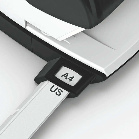 Close-up of guide bar on Two Hole Punch for 30 Sheets, Metal Office Workhorse With Guide Bar and Format Markings, Black NeXXt Range.
