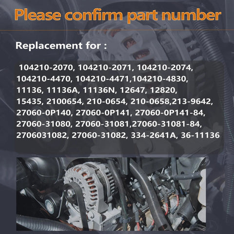 Close-up of 3.5L Alternator For Avalon Camry RAV4 RX350 Fits Toyota And Lexus Direct Fit Easy Install Upgrade Your Ride OE Numbers 104210 2070 2071 2074 4470 4471 4830 111 installed in engine.