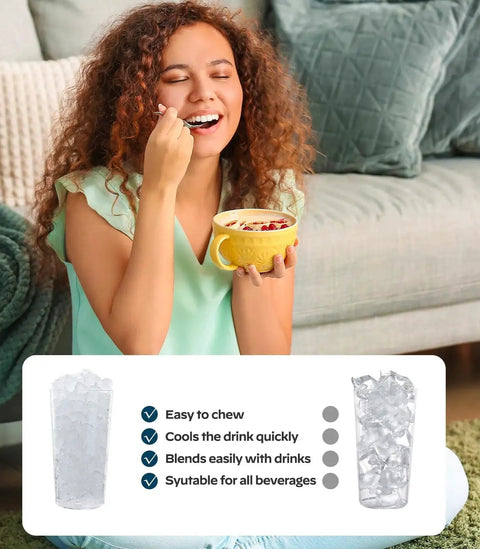 Woman enjoying ice with icons highlighting features: easy to chew, cools drinks, blends easily, suitable for all beverages.