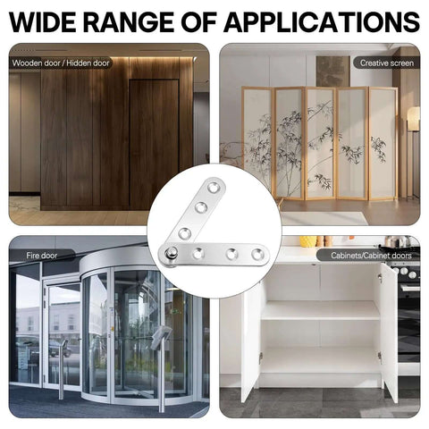 360 Degree Pivot Hidden Door Hinges Set in various applications: wooden door, creative screen, fire door, cabinets. 304 Stainless Steel.