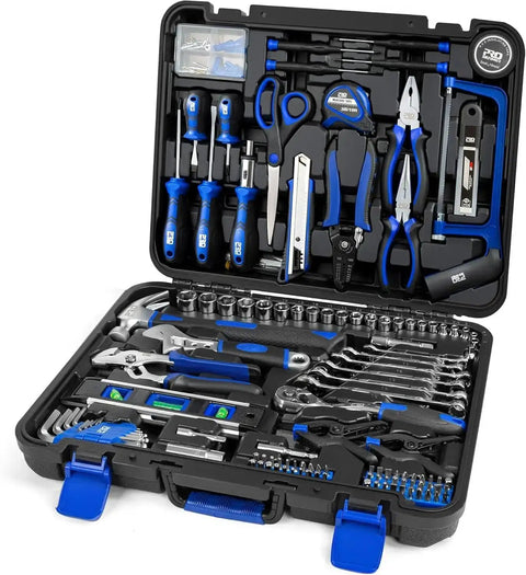 259-Piece General Household Tool Kit Set With Plastic Storage Toolbox, Portable Complete Repair Tool Box For Home And Car, Durable Chrome Vanadium Hand Tools, Non-Slip Grips, Blue in open blue hard-shell case showing organized wrenches, sockets, and screwdrivers.