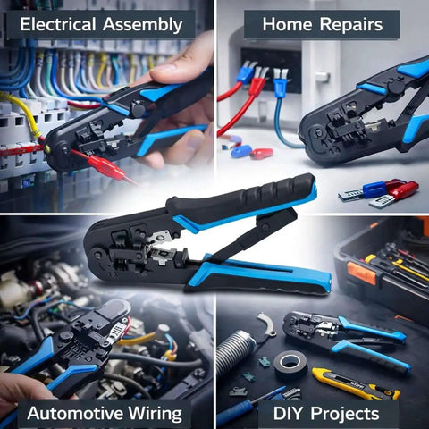 Ratcheting Crimping Tool for 8P and 6P Heads with protective device, durable blue black alloy steel build, for cabling projects