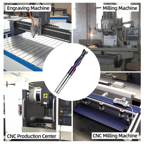 1/4 Inch Shank Upcut Spiral CNC Router Bit With 2 Flutes, 1 Inch Cutting Depth, shown with CNC machines for woodworking.