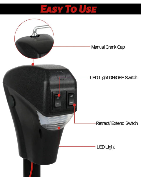 Close-up of an Electric Trailer Tongue Jack 3500Lbs A Frame Lift 18 Inch 12V DC Heavy Duty showing switches and LED light