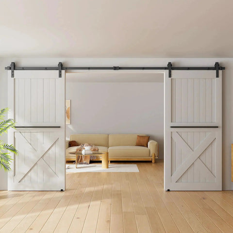 12 Foot Sliding Barn Door Hardware Kit Fits Double Doors Up To 36 Inch Wide Heavy Duty Carbon Steel Track With Premium Ball Bearings Rust Resistant Black Powder Coat And Quiet Smooth Nylon Wheels Easy To Install Doors Not Included installed in a living room with white doors