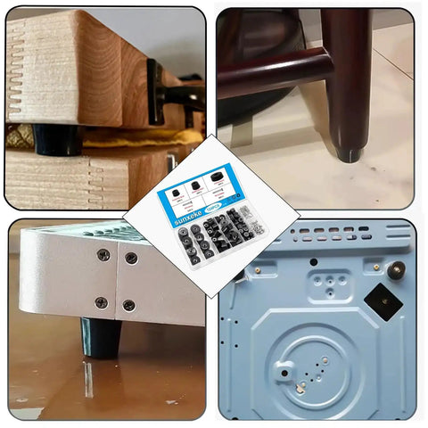 124Pcs Rubber Feet Kit With 3 Size Screws For Cutting Boards Furniture Cabinets And Electronics No Slip Bumpers To Stop Slips Protect Surfaces And Eliminate Wobble With Easy Screw On Stabilizers For Any Project displayed on cutting board, chair, electronics, and more.