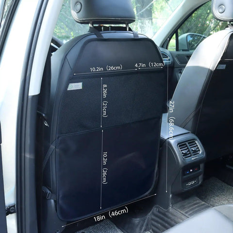 Durable Large Car Seat Protector Kick Mats 2 Pack With Dual Mesh Pockets And Water Resistant Oxford Cloth Keeps Back Seats Clean From Dust Mud Scrubs Scratches In Black installed in a vehicle showing dimensions.