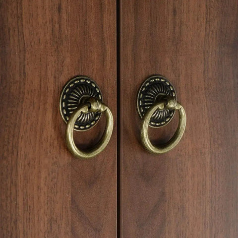 Antique Bronze Ring Drawer Pulls 4 Piece Set With Screws For Dressers Chests Vanity Cabinets Jewelry Boxes on wooden cabinet