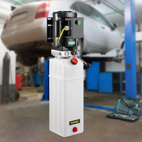 Hydraulic Power Unit For Car Lifts With 220V AC Motor, 3 HP, 2750 PSI, 6 Liter Reservoir, installed in auto shop
