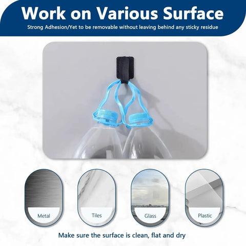 50 Pack Hook And Loop Cable Ties For Under Desk Cable Management shown on wall with surface compatibility examples of metal, tiles, glass, plastic.