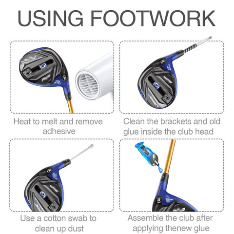 Steps for using footwork technique on golf club with tools, including cleaning glue and assembling using Golf Club Cleaning Kit Set Of 4 Stainless Steel Wire And Bore Brushes With Hex Shank Handles For Wood And Iron Shafts And Ferrules Drill Compatible Cleaning Tool For Pros And Weekend Warriors.