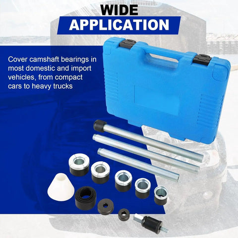 Universal Cam Bearing Tool Kit, 16-Piece Set with blue carrying case, tools, and adapters displayed, for camshaft removal and installation
