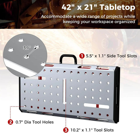Image showing Portable Welding Table 42 By 21 Inches Folding Height Adjustable Top with beefy 1000 lbs capacity, tool slots, and handle