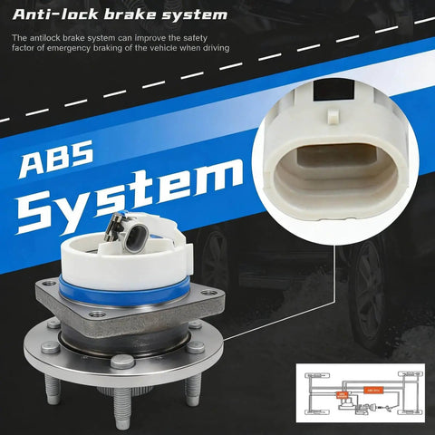 ABS system diagram with single front wheel hub bearing assembly, Fits Chevy Impala Monte Carlo Uplander and others 5-lug ABS OEM 513121 12429204