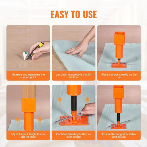 Step-by-step guide using Adjustable Screw Jack Post 13.2 To 18.7 Inch Height 4x4 Leveling Jack 24700 Lb for floor support.