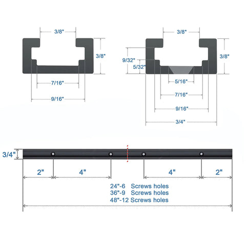 Diagram of Durable Aluminum 24 Inch T Track Kit With Two Hold Down Clamps For Woodworking Fits 5/16 And 1/4 T Bolts, measurements shown.