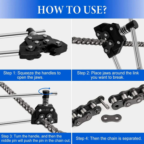Chain Breaker Tool For 25 35 40 41 50 320 410 415 420 520 525 530 Roller Chains Detacher, usage steps displayed.