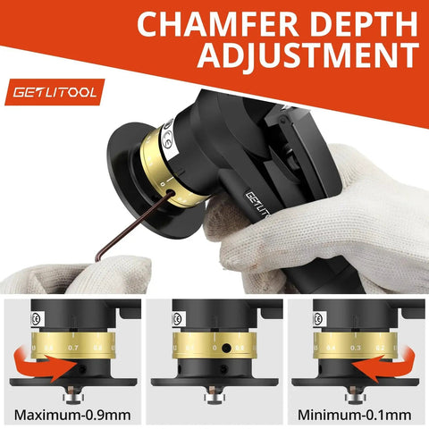 Pneumatic Chamfering Tool Kit Pro Grade With 12 C Angle And 10 R Angle Tungsten Blades and depth adjustment feature.