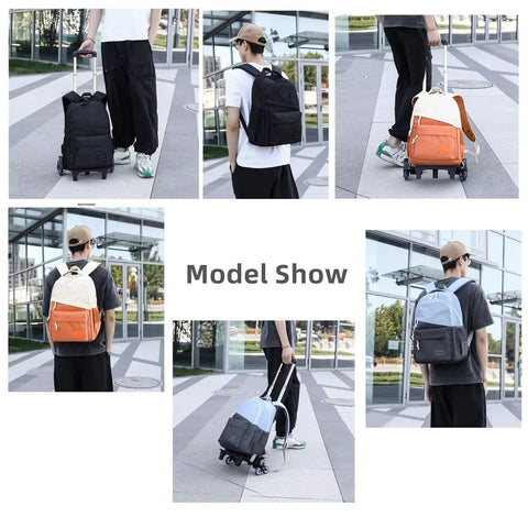 Person showcasing Rolling Backpack With Wheels For Kids Lightweight School Bag on Wheels for Boys and Girls in various colors and styles.