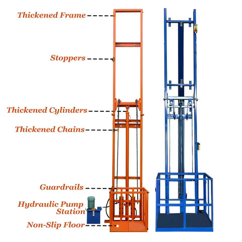 Two orange and blue electric lift platform tables with guardrails and hydraulic pump stations.