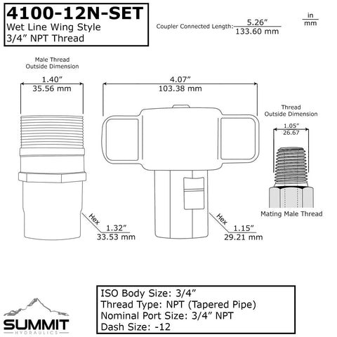 3/4 in NPT wet-line hydraulic quick-disconnect coupler set; wing-nut style with male/female threads, front/side view.