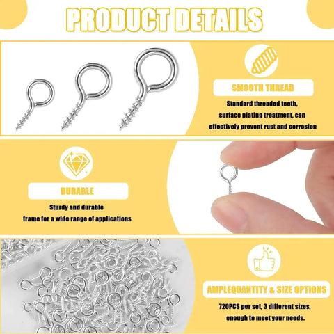 Three Styles Mini Screw Eye Pins Set 720 Pcs Silver Eye Screws for DIY Crafts Jewelry Making
