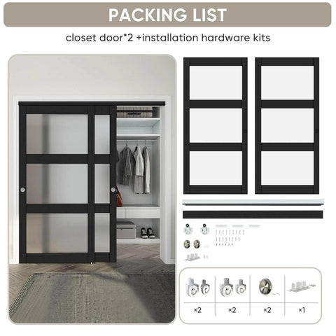 Sliding Closet Door Set With Frosted Glass, 72 Inch Wide By 80 Inch High, Double 37 Inch Panels, 3 Lite Frosted Glass Bypass With Hardware Kit And Matching Fascia, Pre Drilled Solid Wood Slab With Waterproof PVC Finish, Easy To Install, Black