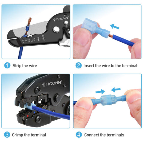 TICONN 100 Pcs nylon spade quick disconnect connectors kit; blue insulated terminals with crimp tool.