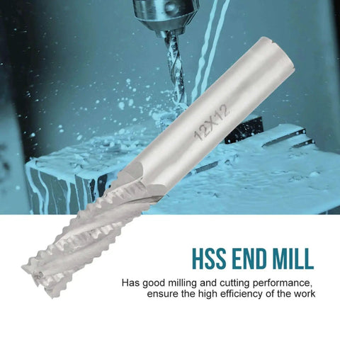 Front view of Rugged 4 Flute HSS Roughing End Mill Set For CNC Router Machines, 4 Piece Kit In M6 M8 M10 Sizes with coolant spray