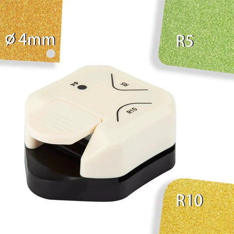 3 In 1 Corner Rounder Punch Set with 4mm circle cutter, 5mm and 10mm radii, shown with gold and green paper samples.