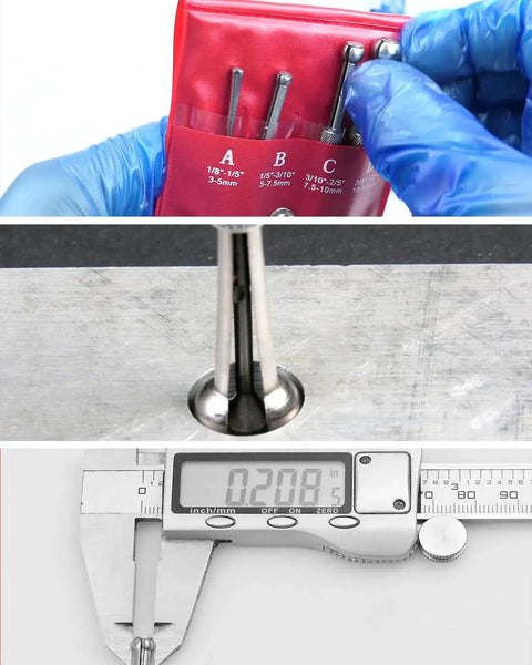 Telescoping Hole Gauge Set 4 Piece Ball Type With Full Round Probes And 32 Steel Feeler Blades shown with digital caliper.