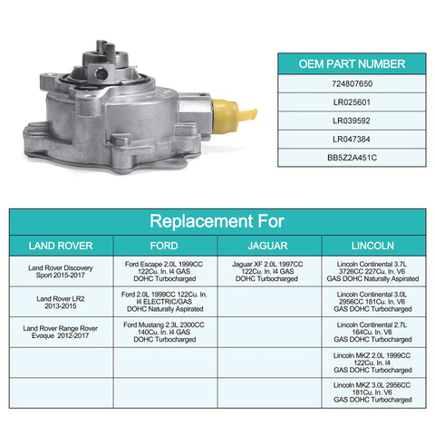 Front view: AULINK brake booster vacuum pump; silver metal body with yellow connector, OE replacement for 2.0L Ford/Jag/Land Rover.