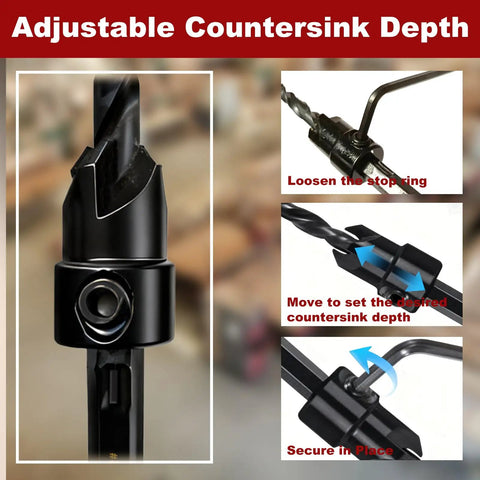Adjustable countersink depth feature of 15-Piece Countersink Drill Bit Set With Adjustable Tapered Countersinks Wood Plug Cutters Magnetic Extension Bit Holder Depth Stop Rings 1/4 Inch Hex Shank PH1 PH2 Screwdriver Bits Allen Key And Storage Case For DIY Woodworking
