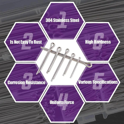 110Pcs 304 Stainless Steel Cotter Pin Clip Fastener Assortment Kit For Auto Mechanics And Small Engine Repair Heavy Duty Corrosion Resistant Durable Easy To Fit Multiple Sizes with hexagonal design features