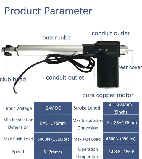Beefy Heavy Duty 1320 Lbs 6000 N 24 V DC Linear Actuator With 8 Inch Stroke, aluminum body, product parameters diagram.