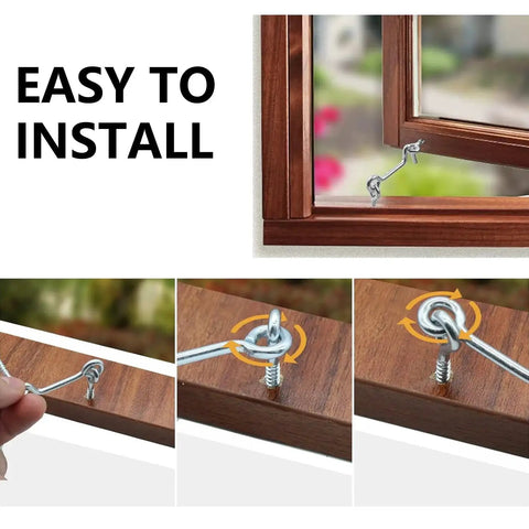 Galvanized Aircraft Cabin Door Latch Set 10 Pcs With 2 Inch Hooks And 24 Mm Mounting Screws For Cabinets Gardens Sliding Barn Doors Window Stay Rod Windproof Lock Durable Zinc Coated Hardware installed on a wooden window frame.