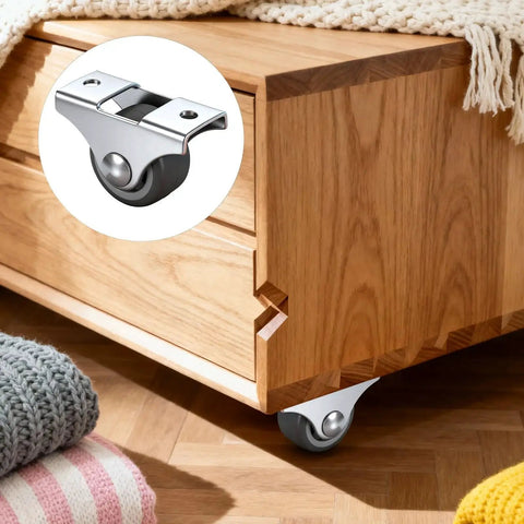 4 Pack 1 Inch Small Non Swivel Caster Wheels With Top Plate And Screws Low Profile Rubber Casters installed on wooden drawer