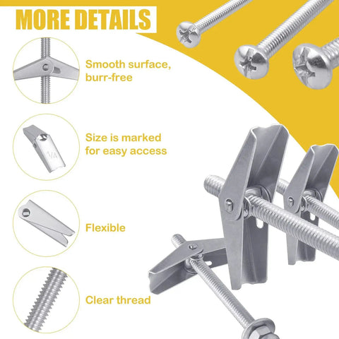 Toggle Bolts Assortment Kit 48 Sets For Drywall Including One Quarter Inch, Three Sixteenths Inch And One Eighth Inch Butterfly Anchors With Matching Wing Nuts, Hex Nuts And Washers For Secure Picture And Mirror Hanging, showing close-up of silver bolts and features like smooth surface and flexibility.