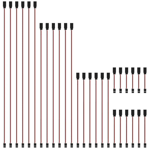 30 Piece Male To Female 3 Pin Servo Extension Cable Set With 22 AWG Copper Wires, displays all five lengths in order