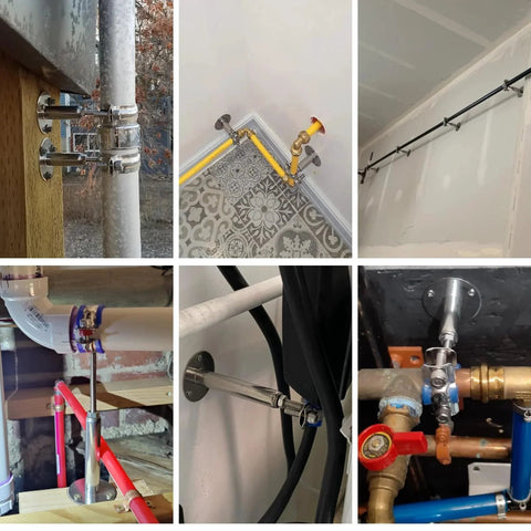 Four Pack 304 Stainless Steel Wall and Ceiling Pipe Mount Brackets With Adjustable Height From 50 To 100 Mm Fits Pipes 25-28 Mm Installed