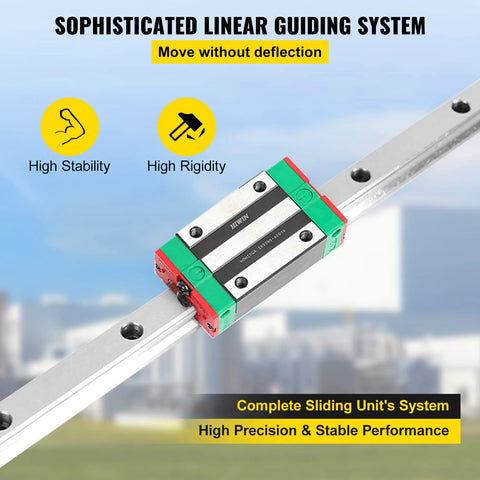 Linear guide rail with square carriage blocks on aluminum rail; red end caps and green blocks visible