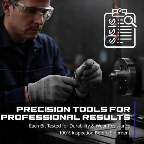 Technician inspecting Compression CNC Router Bits With DLC Coating For Precision Milling, 1/8 Inch Shank, Pro Grade.