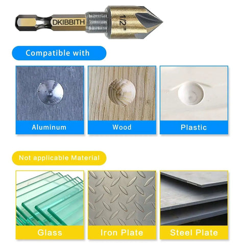 Image showing a Countersink Drill Bit Set Five Piece Pro Grade With Hex Shank 82 Degree Countersink For Flush Screws In Wood Metal Plastic.