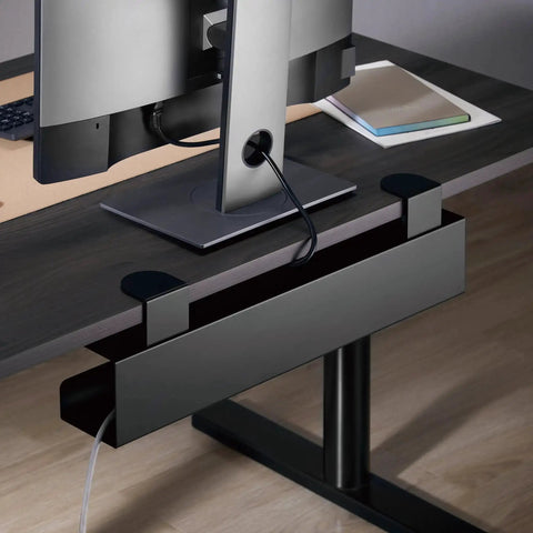 Under Desk Cable Management Tray Clamp-On No-Drill Metal Organizer For Cords And Wires installed on wooden desk