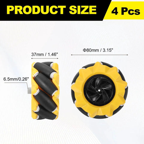 Four Pack Mecanum Wheels Set For Dope Robotics Projects 80mm ABS Rubber Omnidirectional Yellow Wheels Size Specifications