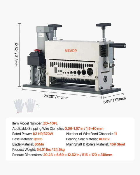 Electric Wire Stripper Workhorse With 11 Feed Channels Strips 0.06 To 1.57 Inch Copper Cables 370W Motor overview image