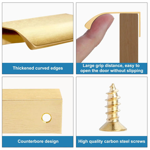 Detailed view of the 10 Pack Brushed Gold Edge Finger Cabinet Pulls 3.15 Inch Aluminum Drawer Handles showing design and screw quality features.